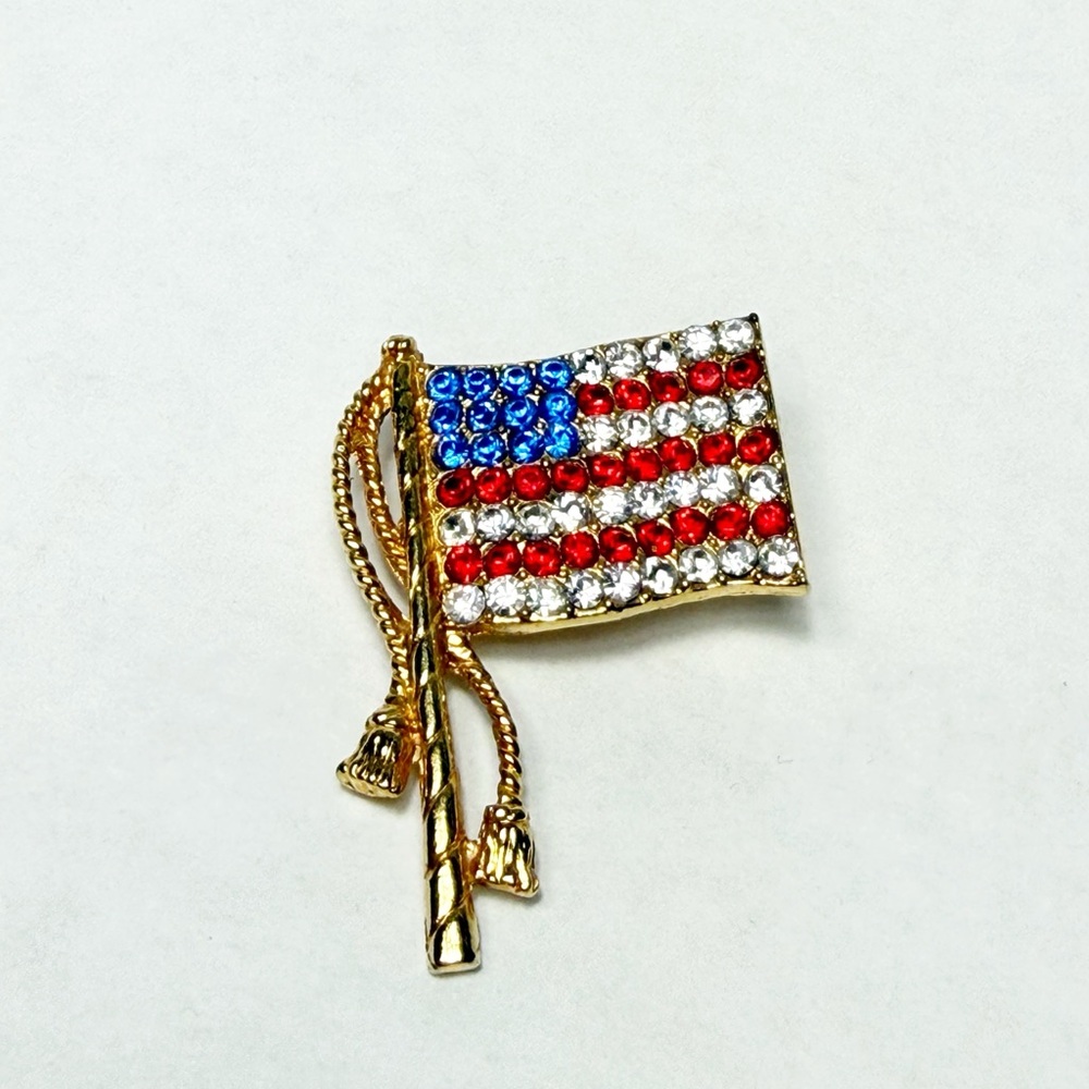 Vintage OTC Signed Patriotic Flag Rhinestone Brooch